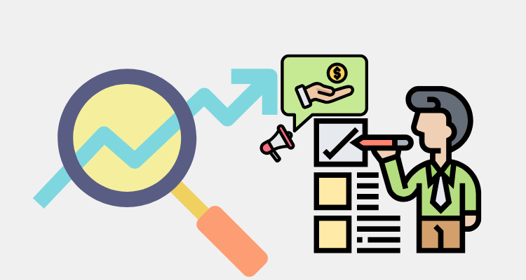 a magnifying glass a graph and a cartoon ticking on a box