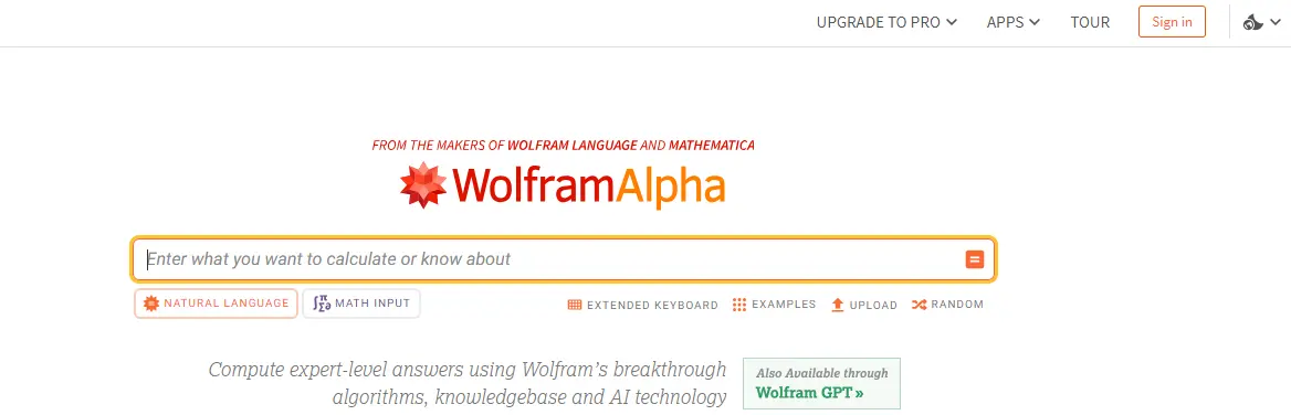 search page of wolfram alpha