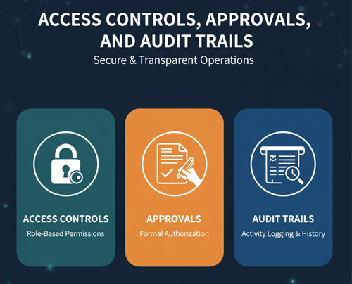 Access controls, approvals, and audit trails
