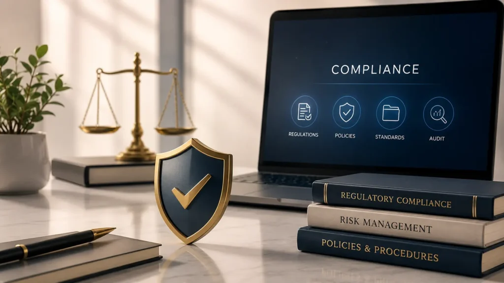 Minimalist compliance-themed workspace with a laptop displaying compliance dashboard, a shield icon, legal scales, and stacked regulatory books, representing automated compliance and risk monitoring.