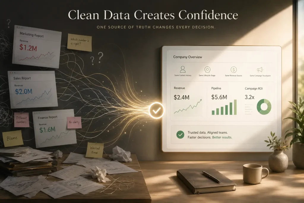 A cinematic office illustration showing messy disconnected business reports on one side and a clean unified dashboard on the other, connected by glowing data streams to symbolize how clean data builds confidence, trust, and faster decision-making.