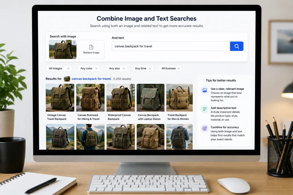 Combine image and text searches example showing a desktop computer using a backpack image and descriptive keywords to improve visual search accuracy and find relevant product matches.