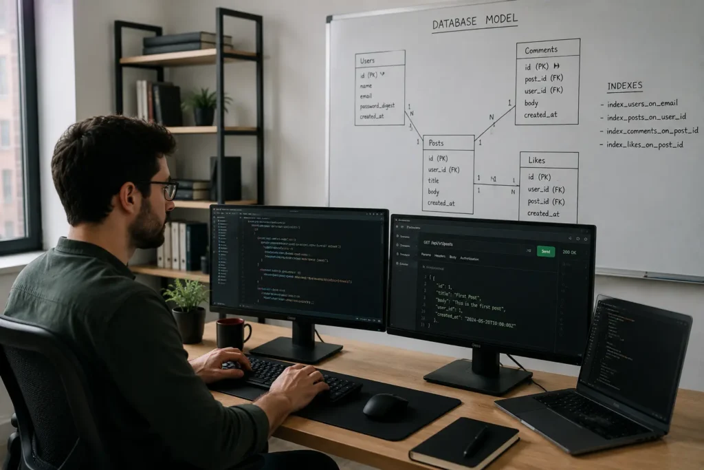 Developer working at a modern workstation with multiple screens displaying backend code and API data, while a database relationship diagram on a whiteboard illustrates database modeling, entity connections, and query optimization for web application development.