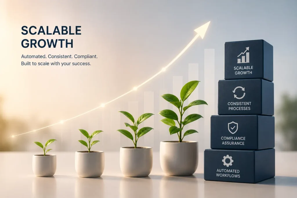 Minimalist illustration of scalable growth showing plants growing in stages alongside stacked blocks labeled automation, compliance, and processes, with an upward arrow indicating consistent business scaling.
