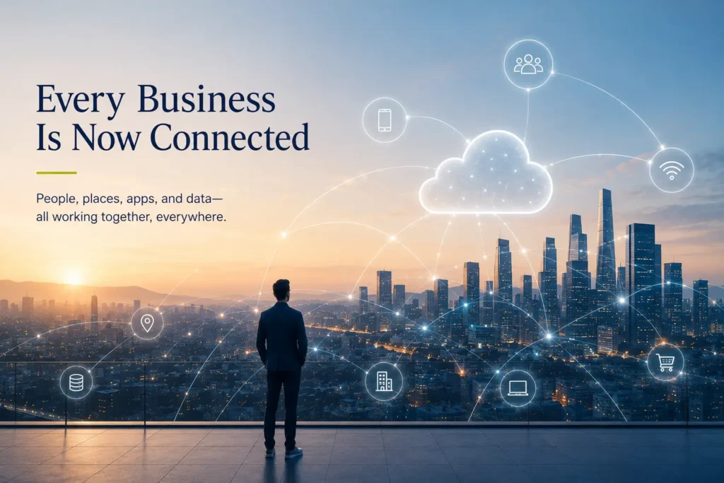 Futuristic cityscape with a person overlooking a connected digital network, showing cloud, devices, and apps linked together, representing modern connected business infrastructure and seamless data flow.