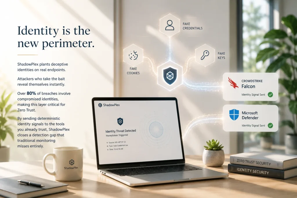 A bright modern office workspace featuring a laptop displaying identity threat detection, with glowing cybersecurity symbols representing fake credentials, cookies, and keys connected to a central protection shield. Soft natural light, plants, and clean desk elements create a calm visual showing proactive identity security and Zero Trust protection.