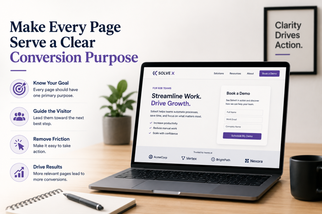 Modern workspace illustration with the heading “Make Every Page Serve a Clear Conversion Purpose” beside a laptop displaying a clean landing page and demo form. The scene highlights conversion-focused web design with visual elements representing goal setting, user guidance, simplified actions, and business growth.
