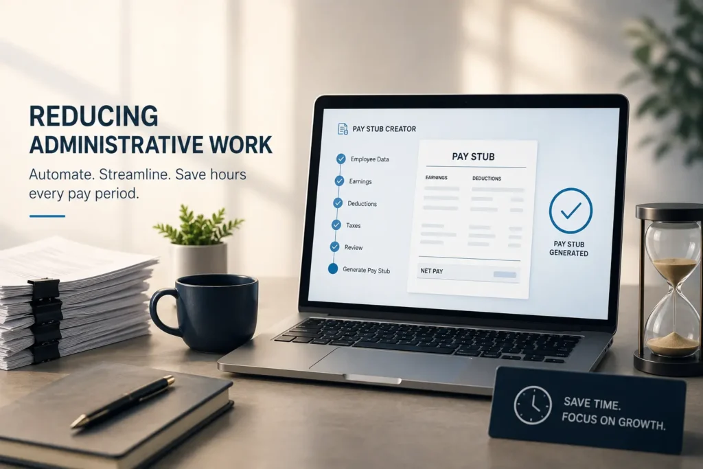 Modern workspace showing a laptop with a pay stub creator interface, paperwork stack, and hourglass, representing automation reducing administrative work and saving time in payroll processing.