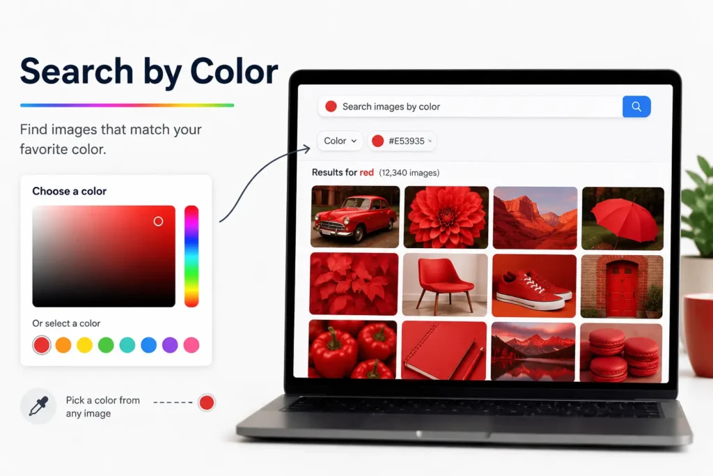 Search by color feature example showing image search results filtered using a color picker and palette, helping users find images that match specific colors for design, shopping, and visual research.