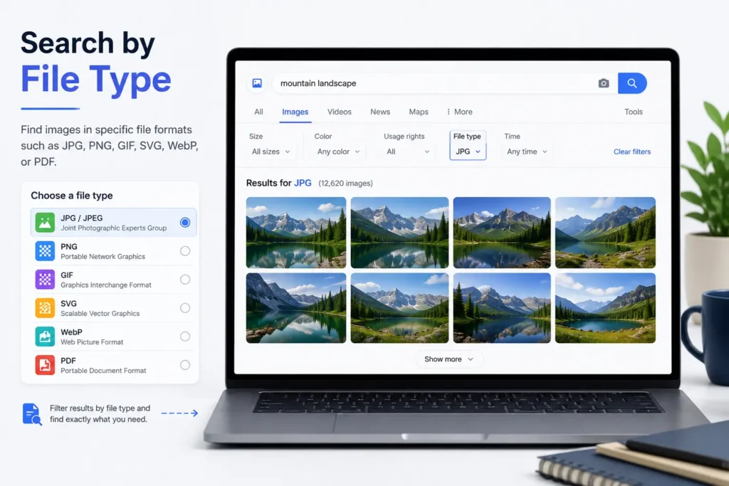 Search by file type example featuring a laptop filtering image search results by JPG, PNG, GIF, SVG, WebP, and PDF formats, helping users locate specific image file types for design, development, and content creation.