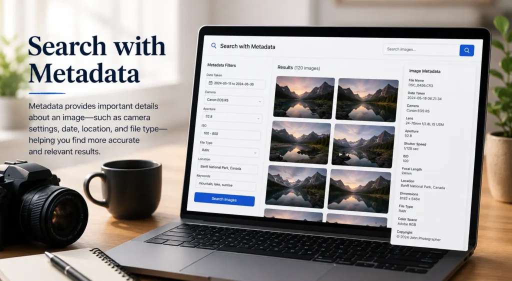 Search with metadata example featuring a laptop filtering images using EXIF data, camera settings, location, date, and file type to improve image search accuracy and photo discovery.