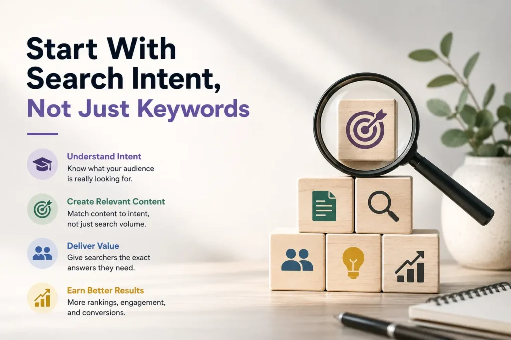 Modern SEO-themed workspace illustration showing the heading “Start With Search Intent, Not Just Keywords” beside stacked wooden blocks with search, content, audience, and growth icons. A magnifying glass highlights a target symbol, representing the idea of understanding user intent before choosing keywords.