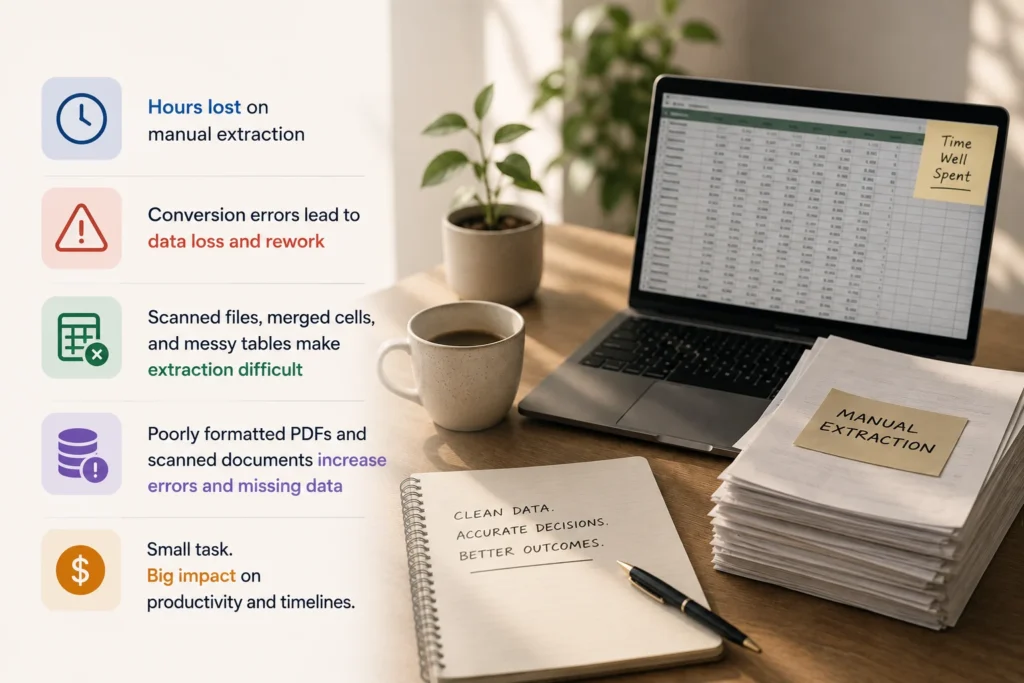 Modern workspace illustration showing challenges of manual PDF data extraction, including hours lost, conversion errors, difficult scanned files, and productivity impact, alongside a laptop, documents, and a clean office setup.