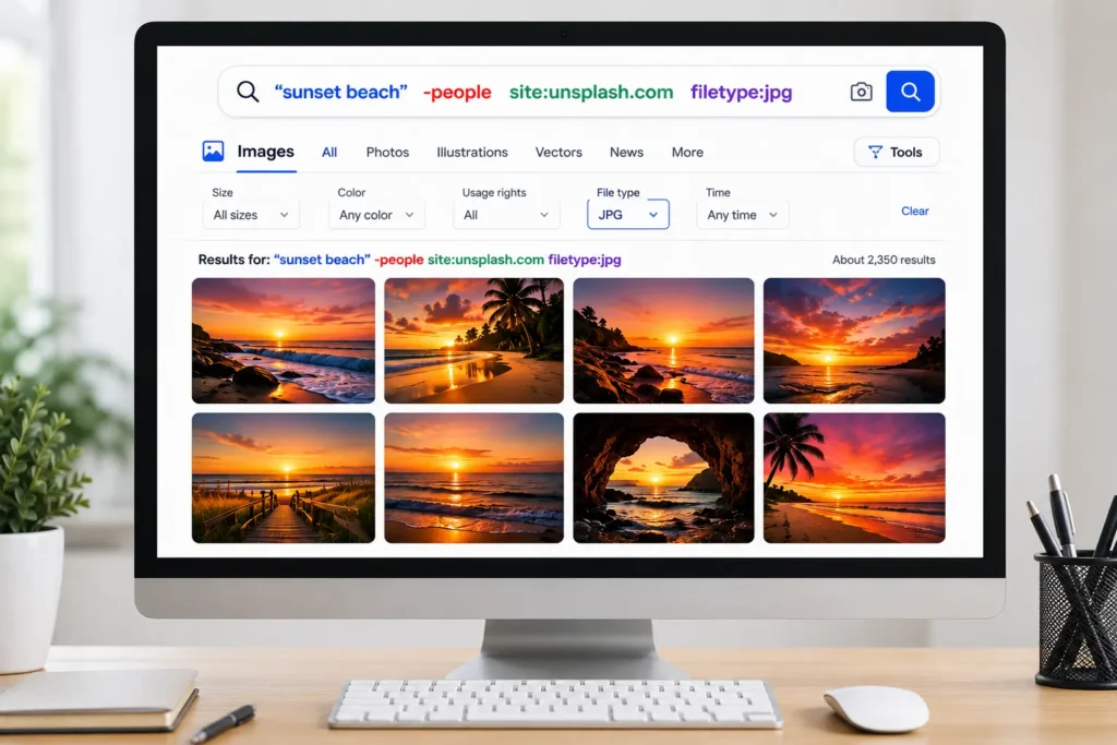 Search operators example showing a desktop computer using advanced image search commands like quotes, minus signs, site filters, and file type filters to find more accurate image search results.