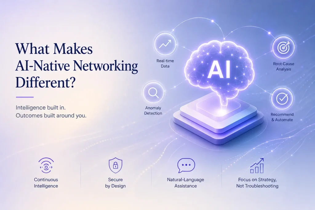 Futuristic AI-native networking concept with glowing AI brain connected to icons for real-time data, anomaly detection, root cause analysis, and automated actions, highlighting intelligent network operations.