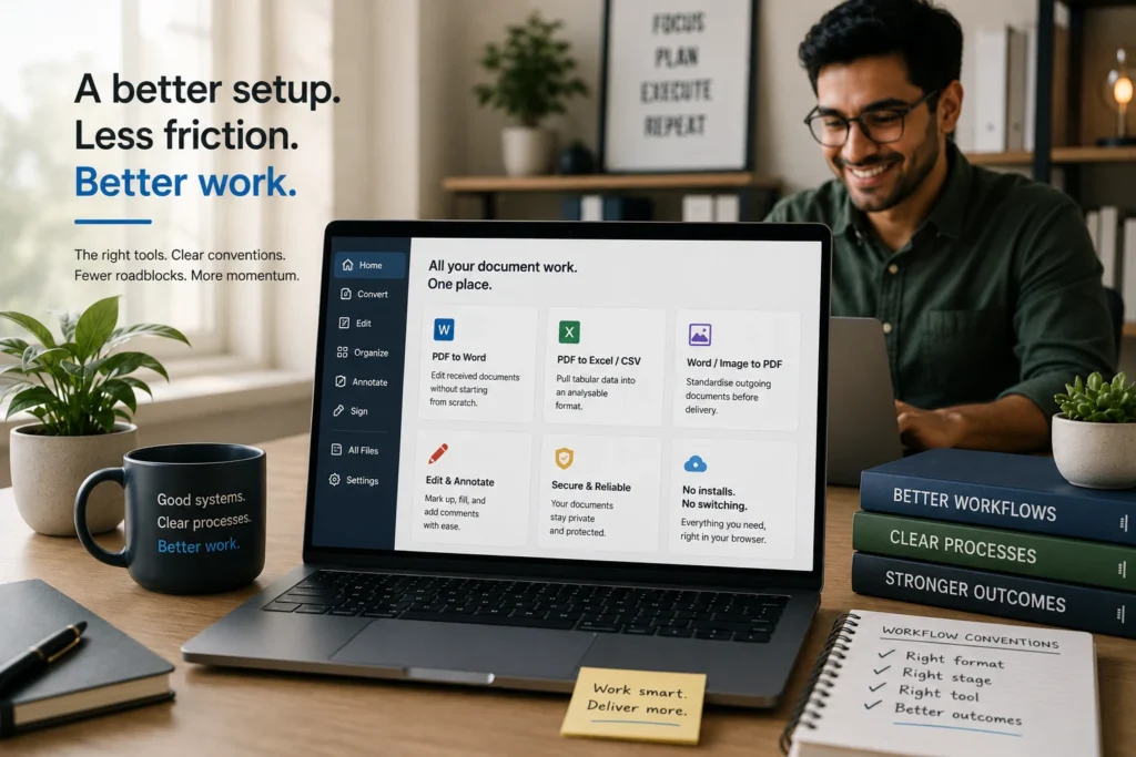 Modern productivity workspace with a streamlined document management setup on a laptop in the foreground and a happy professional working in the background, representing efficient workflows, fewer tools, and a smoother document process.