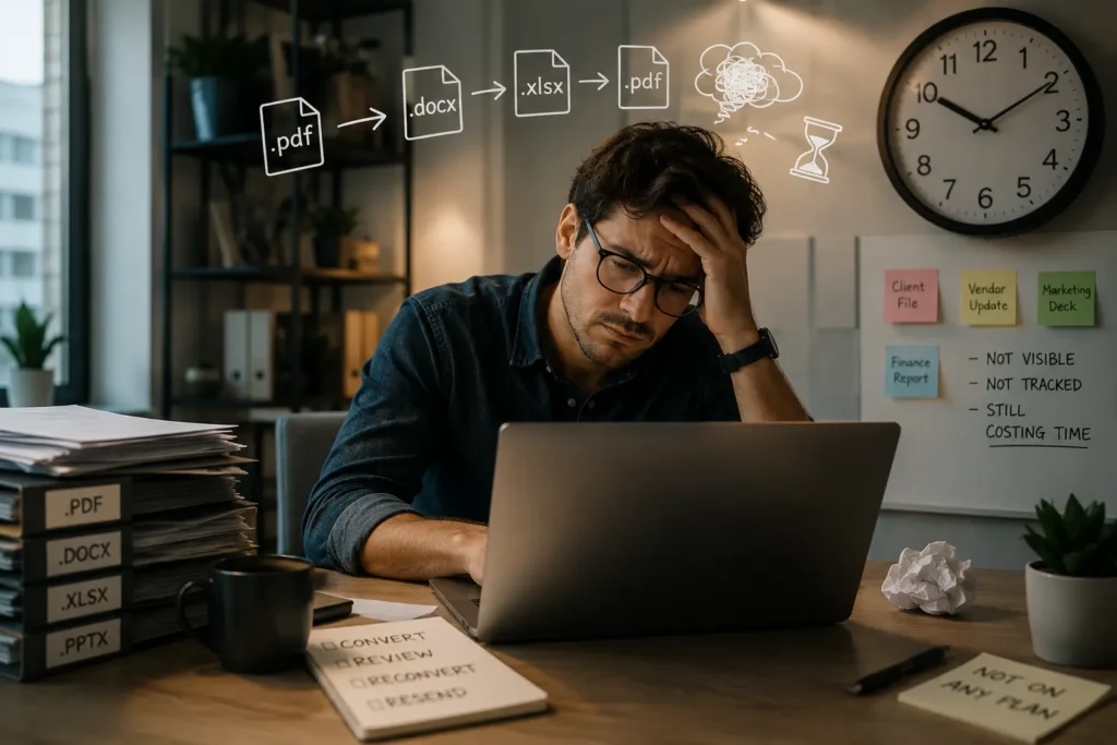 Stressed professional working late at a laptop surrounded by document stacks and multiple file formats, illustrating hidden productivity loss caused by repeated file conversions and workflow friction in software teams.
