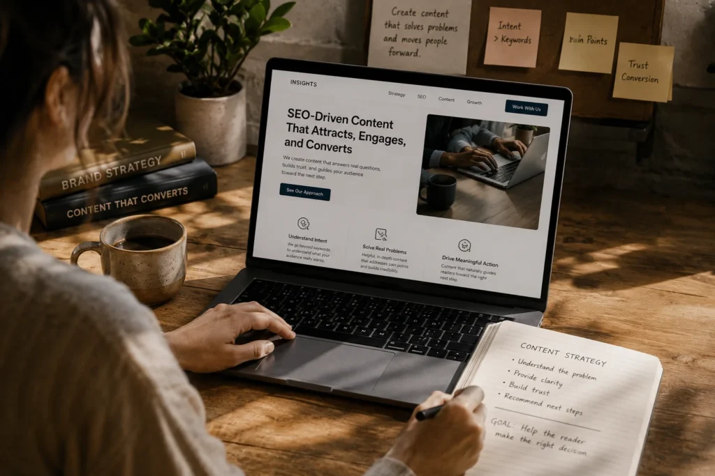 Person working at a warm desk setup with a laptop displaying an SEO-driven content strategy page, surrounded by notes about search intent, audience pain points, trust, and content planning.