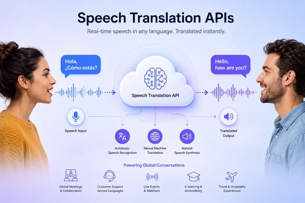 Modern illustration of a speech translation API showing real-time multilingual voice translation between two people through a cloud-based AI system with speech waveforms and language conversion.