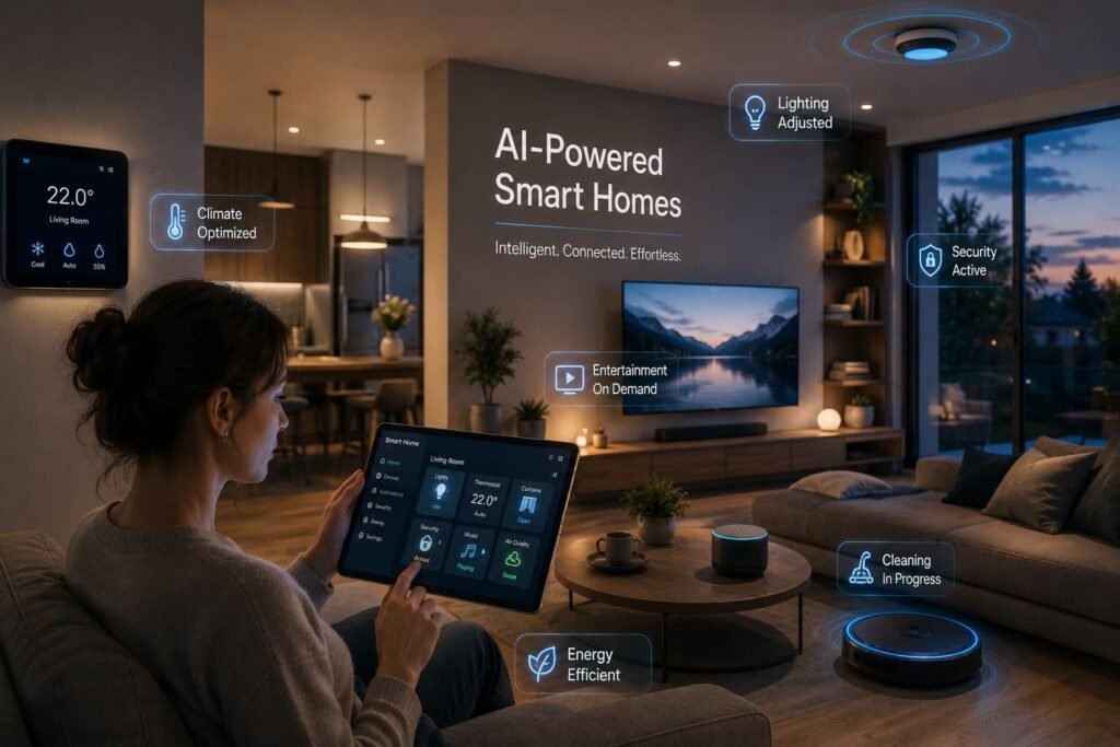 AI-powered smart home with intelligent automation controlling lighting, climate, security, entertainment, and energy management through connected devices in a modern living space.