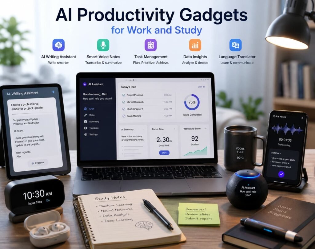 AI productivity gadgets for work and study, featuring smart assistants, AI note-taking tools, voice transcription devices, productivity dashboards, and intelligent workspace technology.