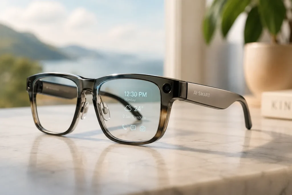 AI smart glasses with augmented reality display on a marble table, featuring a sleek modern design, built-in camera, and intelligent wearable technology in a bright contemporary setting.