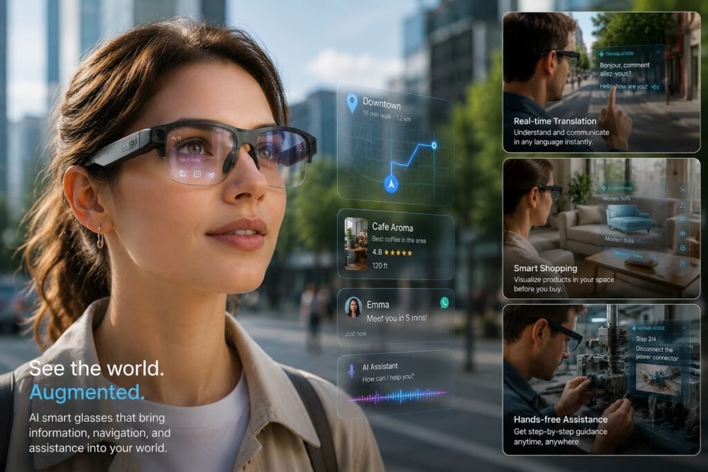 Woman wearing AI smart glasses with augmented reality displays, accessing real-time navigation, smart notifications, translation tools, and digital information in a modern urban environment.