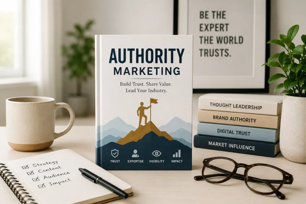 uthority marketing concept featuring a professional workspace with strategy notebook, business books, coffee mug, glasses, and a central authority marketing guide symbolizing trust, expertise, thought leadership, and brand credibility.