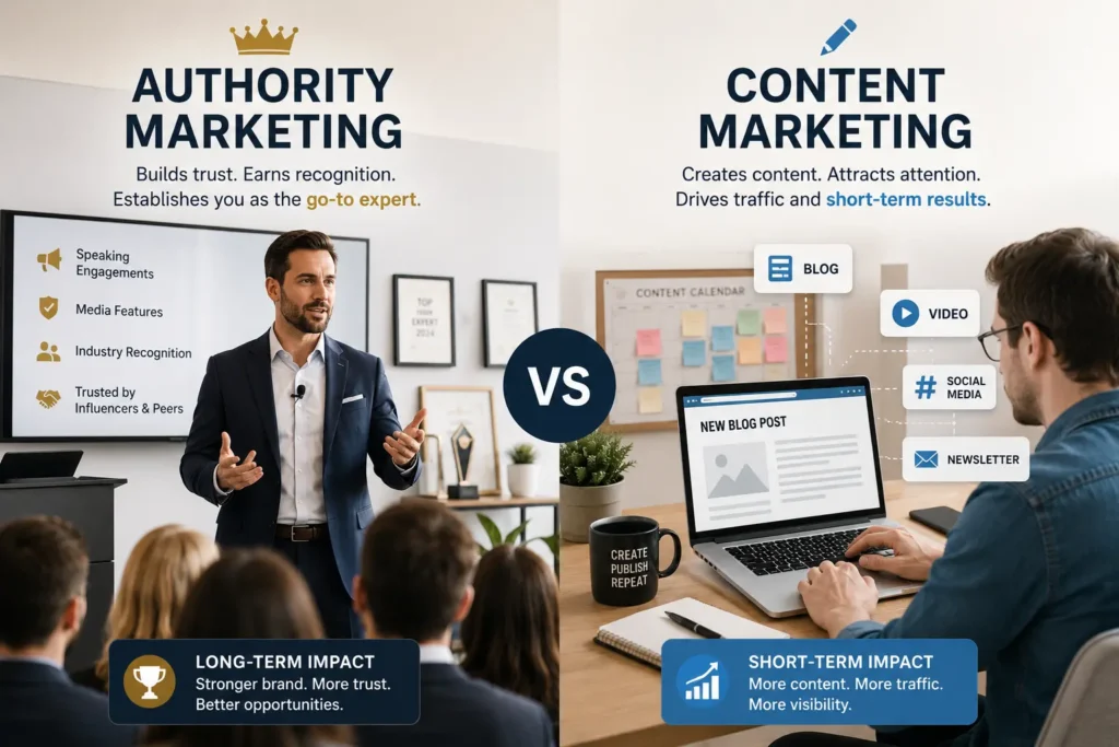 Authority marketing vs content marketing comparison showing an industry expert speaking at a business event alongside a content creator producing digital content, highlighting the difference between building long-term credibility and creating content to drive audience engagement