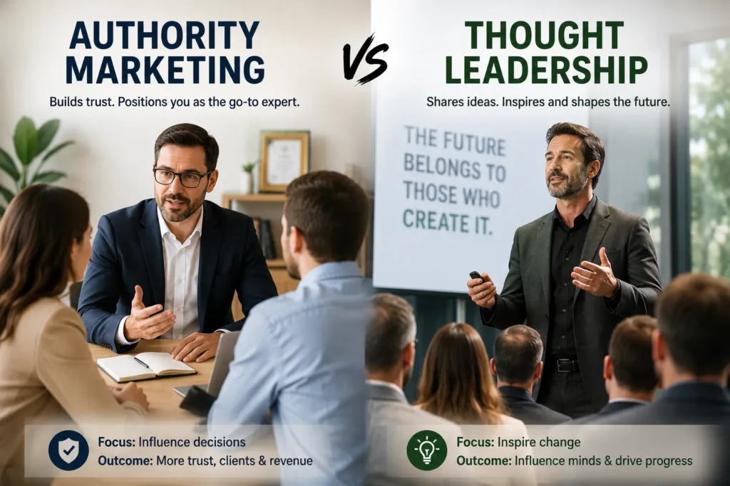Authority Marketing vs Thought Leadership comparison featuring a trusted business consultant advising clients and an industry expert delivering a keynote presentation,