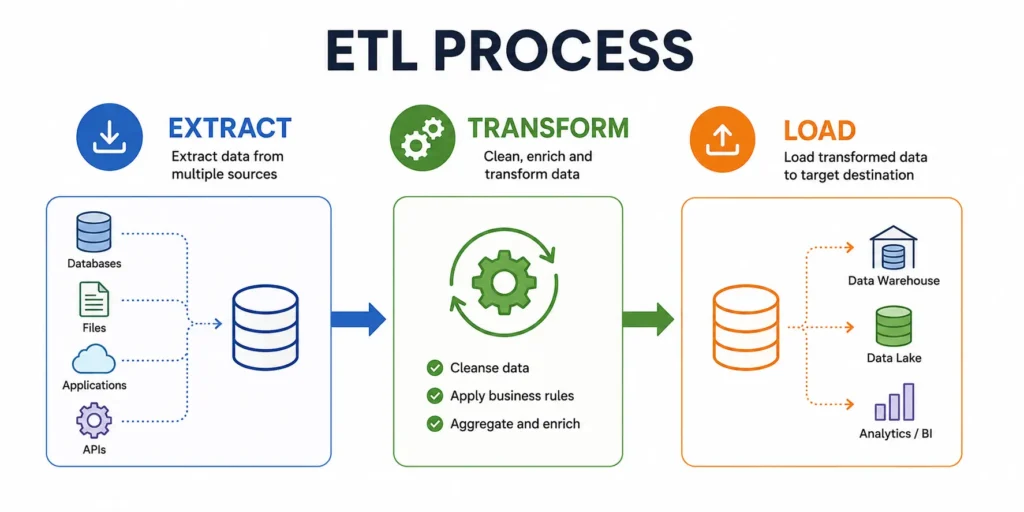 ETL process diagram showing Extract, Transform, and Load stages with data flowing from multiple sources through transformation processes and into data warehouses, data lakes, and analytics systems.