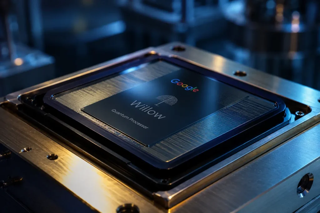Google's Willow quantum chip, a landmark 2024 quantum computing breakthrough, demonstrating advances in quantum error correction and scalable fault-tolerant quantum systems.