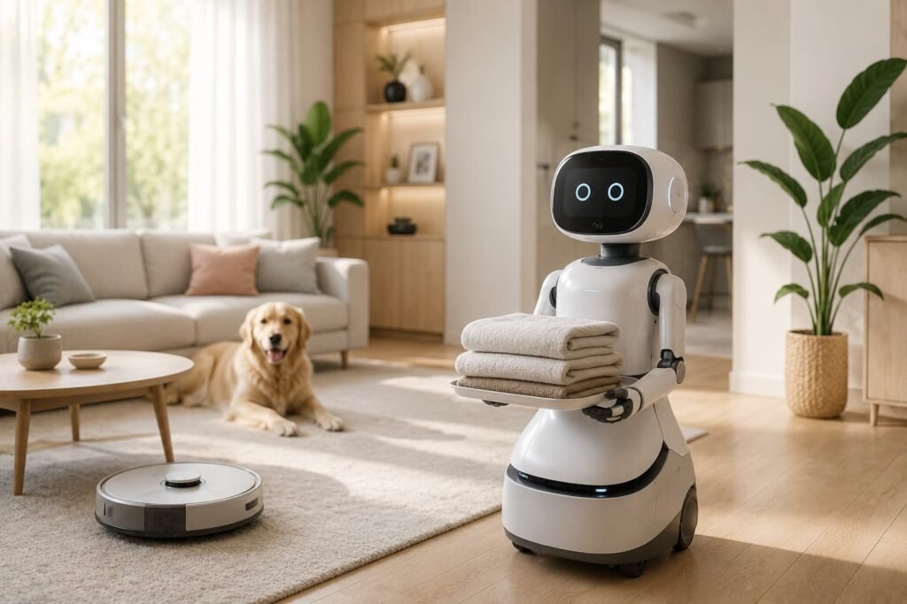 Advanced home robots assisting with household tasks in a bright modern living room, featuring a humanoid service robot, robotic vacuum cleaner, and AI-powered smart home technology.