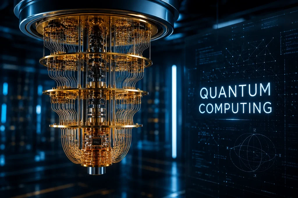 Advanced quantum computing system inside a futuristic research laboratory, featuring a suspended cryogenic quantum processor surrounded by intricate wiring and glowing blue ambient lighting, representing next-generation quantum technology and computational innovation.