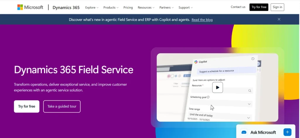 Home page of Microsoft Dynamics 365 Field Service