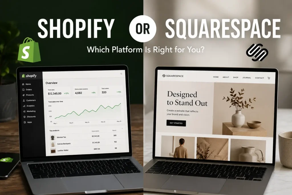 Shopify vs Squarespace comparison showing two laptops side by side, with Shopify's ecommerce dashboard on one screen and Squarespace's website builder on the other, highlighting the difference between an online store platform and a design-focused website builder.