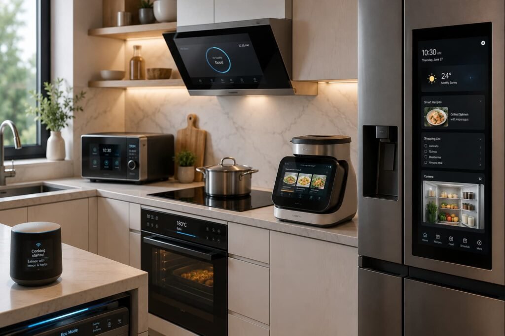 Smart kitchen appliances with AI-powered displays, including a smart refrigerator, connected oven, intelligent cooking assistant, and voice-controlled devices in a modern high-tech kitchen.