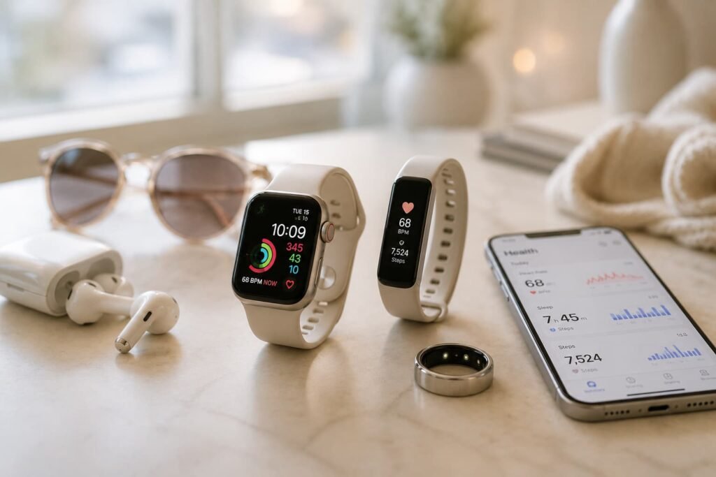 Smart wearables including a smartwatch, fitness tracker, smart ring, wireless earbuds, and health monitoring app, showcasing how wearable technology is transforming daily life through fitness tracking, health insights, and connected experiences.