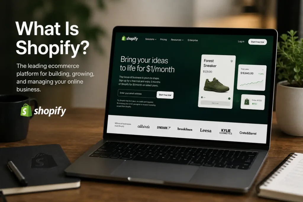 What is Shopify illustration showing a modern laptop displaying the Shopify ecommerce platform dashboard on a professional workspace desk, representing online store creation, product management, and ecommerce business growth.