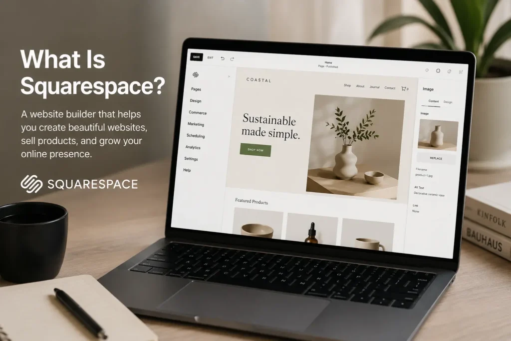 What is Squarespace illustration showing a modern laptop displaying the Squarespace website builder interface on a clean workspace, representing website creation, design customization, blogging, and online business management.