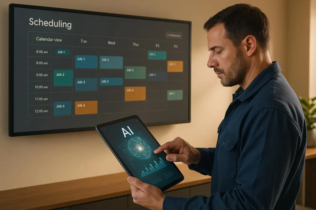 Technician using an AI-powered tablet while reviewing a digital scheduling dashboard displaying job assignments and work schedules on a large screen.