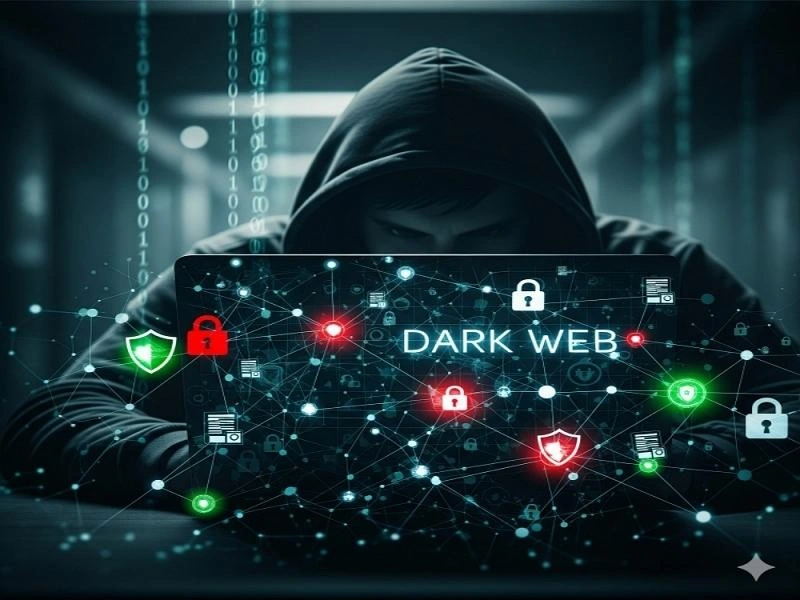 Hacker on the dark web surrounded by cybersecurity and network security symbols.