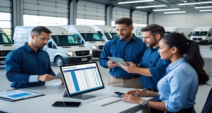 Fleet maintenance team reviewing vehicle maintenance schedules and service records on a digital fleet management software dashboard inside a commercial vehicle garage