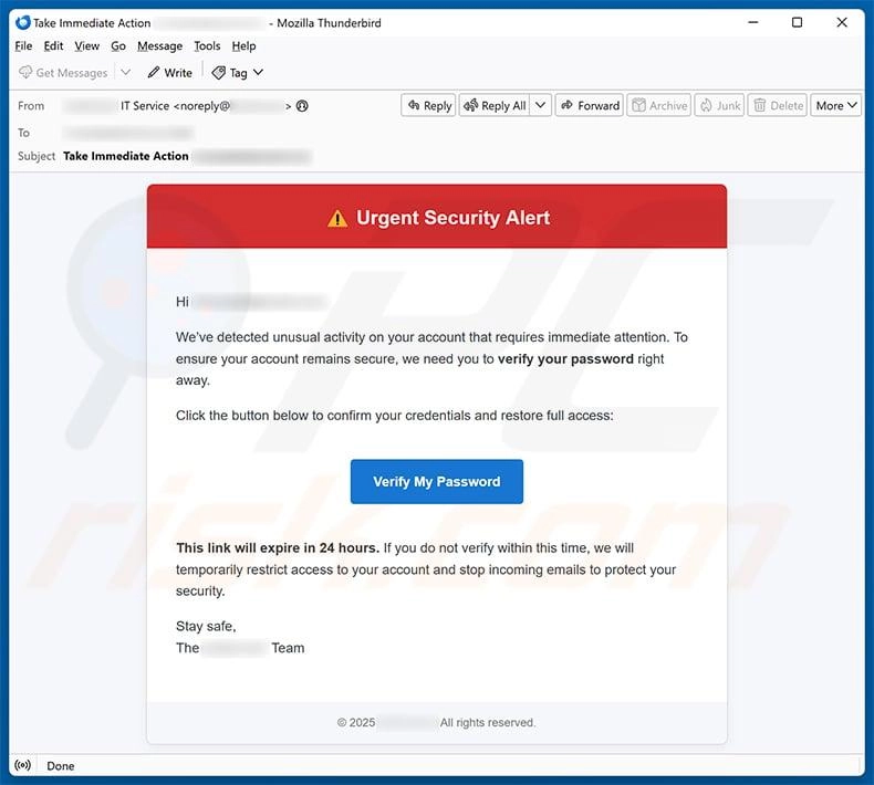 Phishing email with a fake urgent security alert and password verification request.