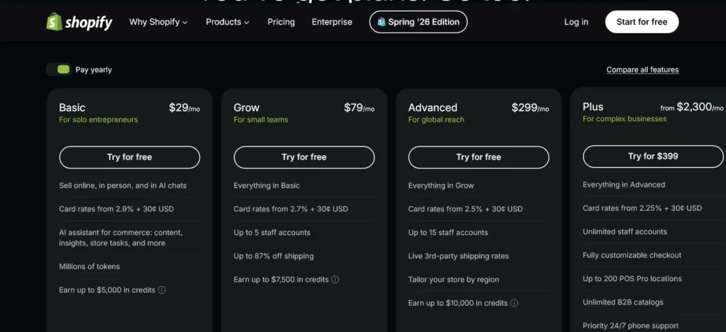 shopify pricing screenshot from the website.