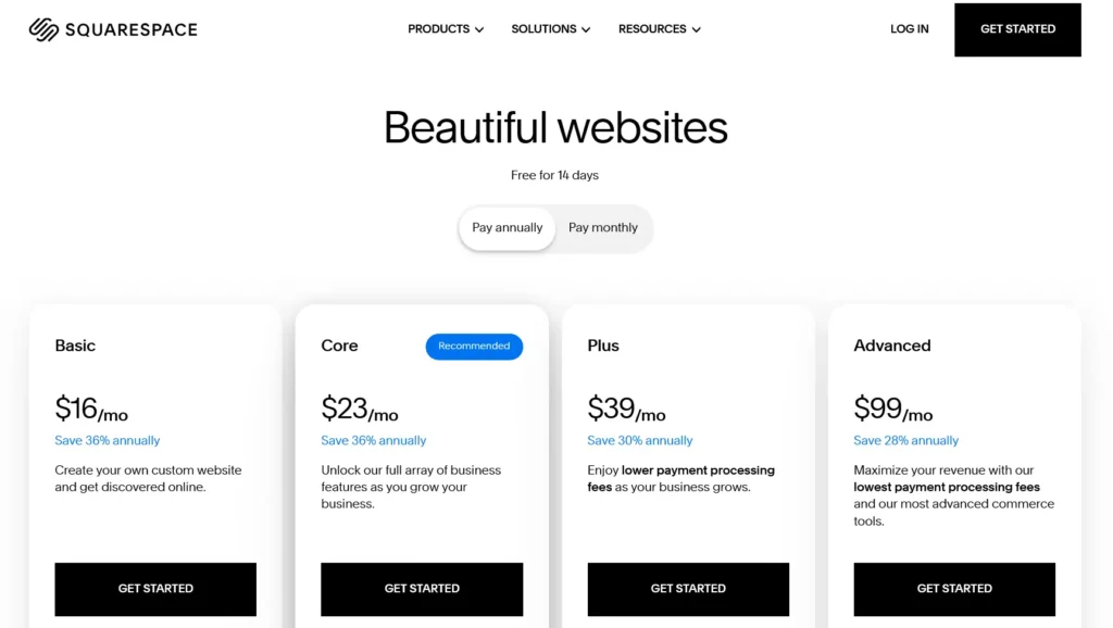 squarespace pricing screenshot from the website.