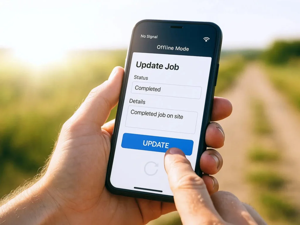 Mobile field service app showing offline job update screen