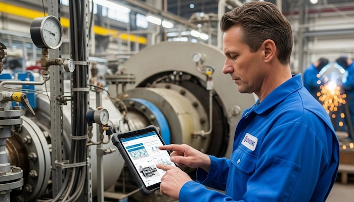 Maintenance technician using preventive maintenance software on a tablet to inspect industrial equipment and monitor machine performance in a manufacturing facility.