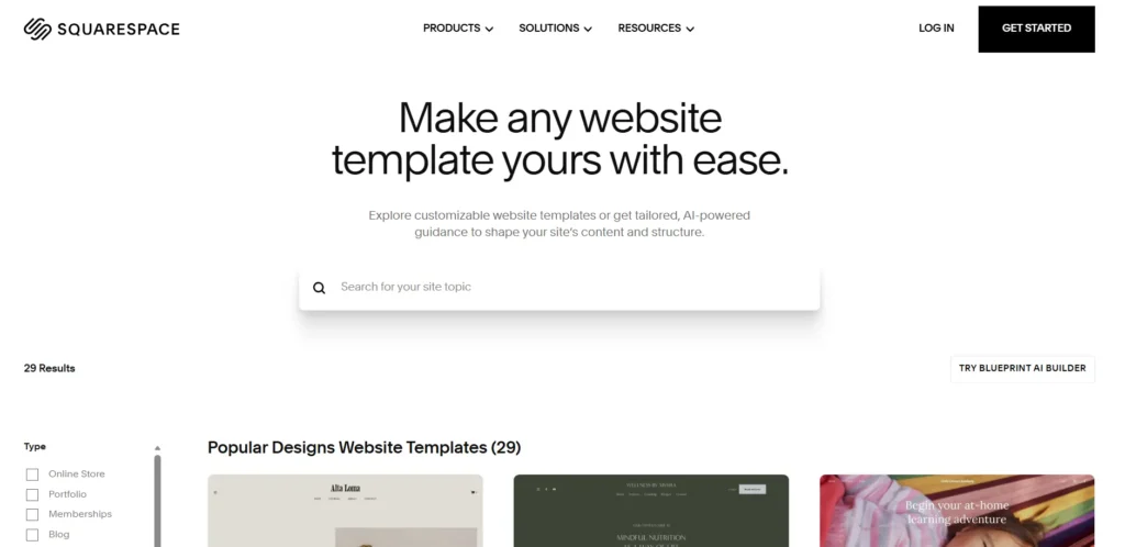 squarespace templates page screenshot