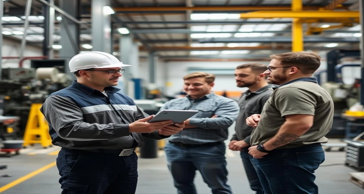 Factory supervisor using a tablet to discuss maintenance tasks and operations with team members on a manufacturing floor, showcasing facility and workforce management.